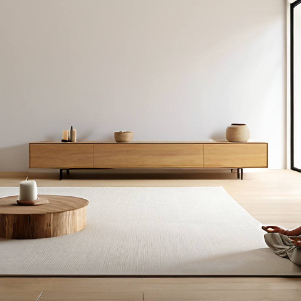 **

"A serene, minimalist living room bathed in natural light. Focus on functional furniture, light colors, and a sense of calm. Include a person meditating peacefully."

**