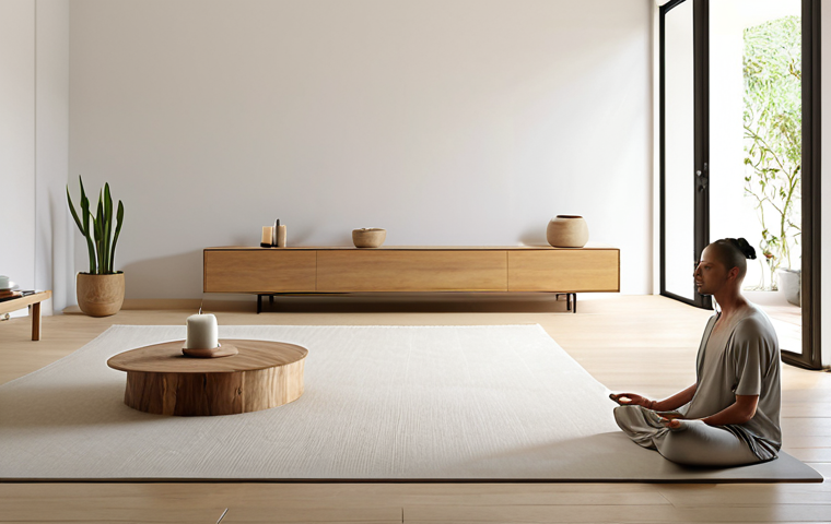 **

"A serene, minimalist living room bathed in natural light. Focus on functional furniture, light colors, and a sense of calm. Include a person meditating peacefully."

**
