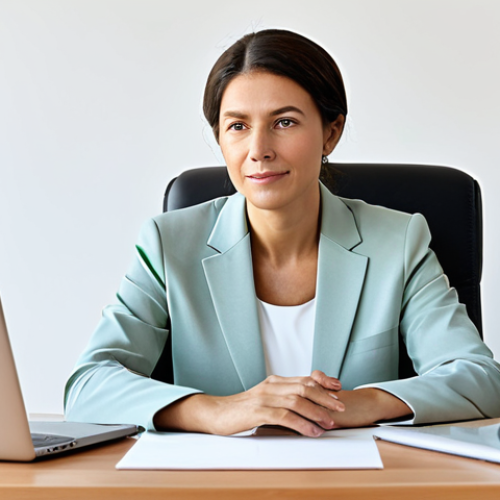A professional woman in modest, comfortable business attire, seated thoughtfully at a clean, uncluttered wooden desk in a bright, minimalist home office. The room features clean lines, ample natural light, a single green plant, and a few essential, well-designed items, creating a serene and focused atmosphere. Professional photography, high resolution, soft ambient lighting, perfect anatomy, correct proportions, natural pose, well-formed hands, proper finger count, natural body proportions, safe for work, appropriate content, fully clothed, professional dress, family-friendly.