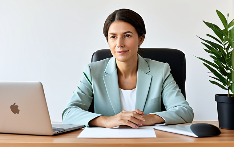 A professional woman in modest, comfortable business attire, seated thoughtfully at a clean, uncluttered wooden desk in a bright, minimalist home office. The room features clean lines, ample natural light, a single green plant, and a few essential, well-designed items, creating a serene and focused atmosphere. Professional photography, high resolution, soft ambient lighting, perfect anatomy, correct proportions, natural pose, well-formed hands, proper finger count, natural body proportions, safe for work, appropriate content, fully clothed, professional dress, family-friendly.